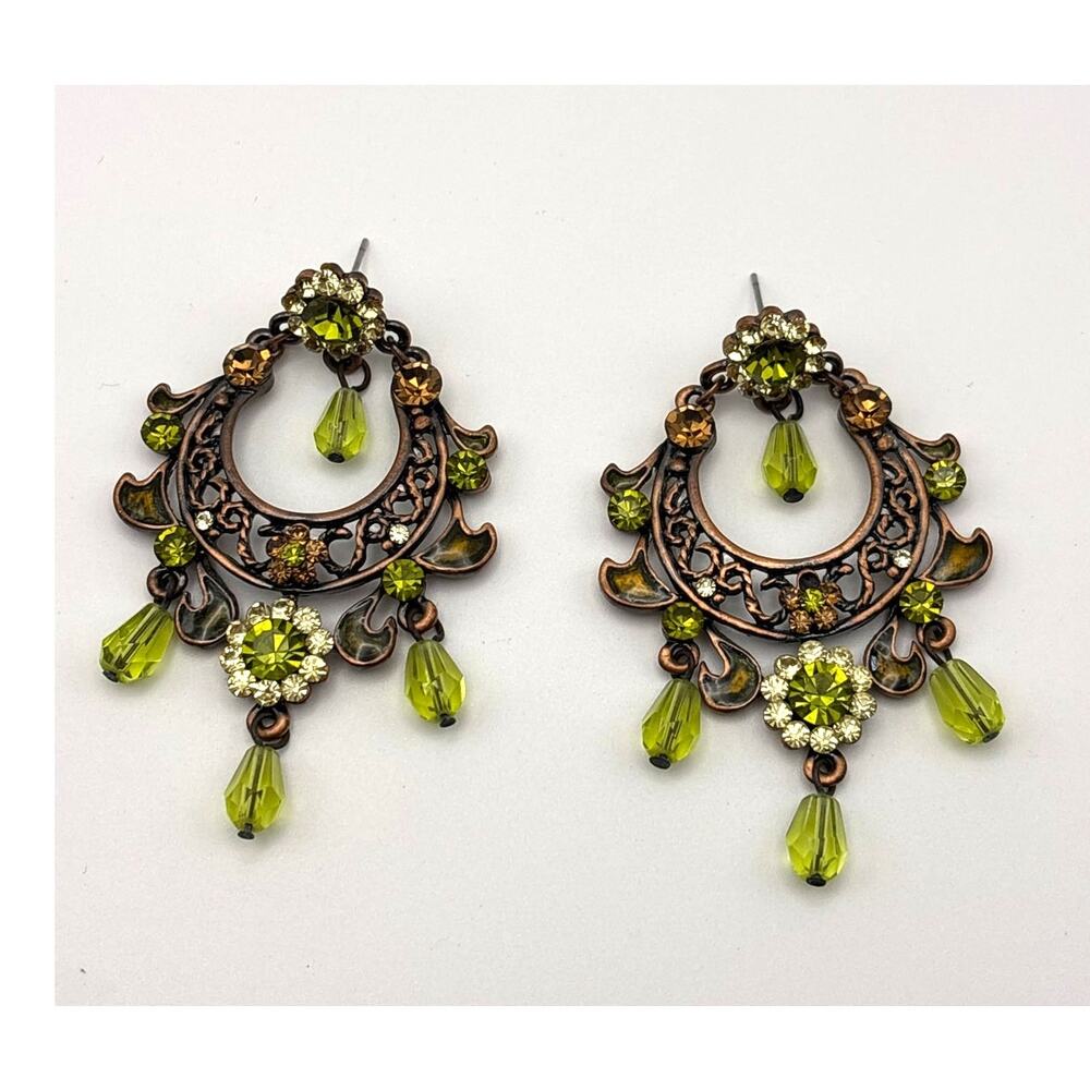 Vintage Chandelier Boho Style Earrings Bronze Tone Filigree Design Green Jewelry